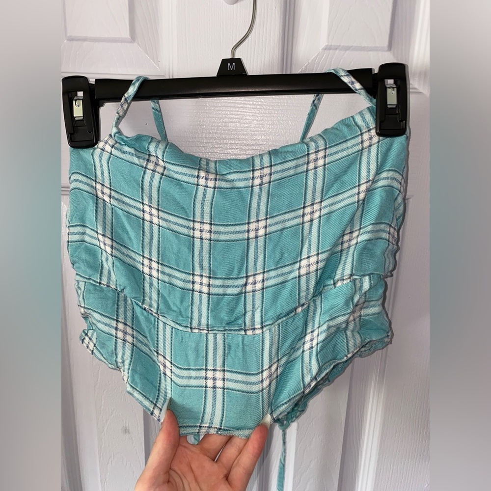 womans large aqua blue/white flannel pattern tank